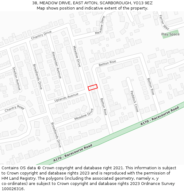 38, MEADOW DRIVE, EAST AYTON, SCARBOROUGH, YO13 9EZ: Location map and indicative extent of plot