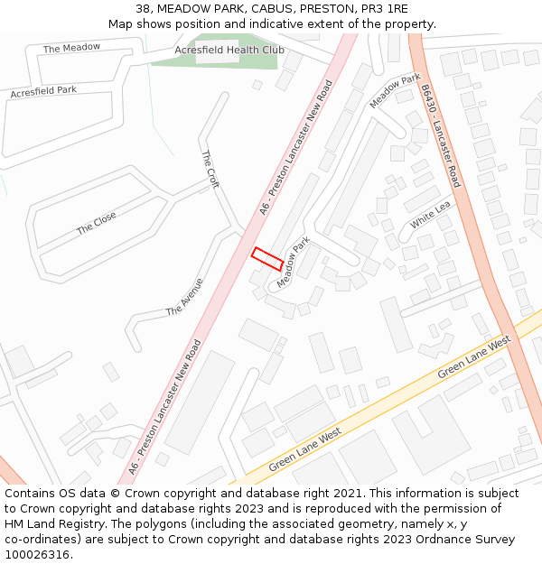 38, MEADOW PARK, CABUS, PRESTON, PR3 1RE: Location map and indicative extent of plot