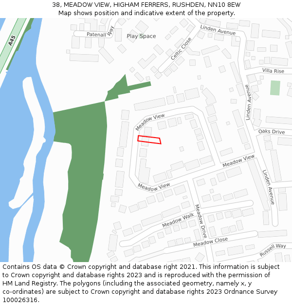 38, MEADOW VIEW, HIGHAM FERRERS, RUSHDEN, NN10 8EW: Location map and indicative extent of plot