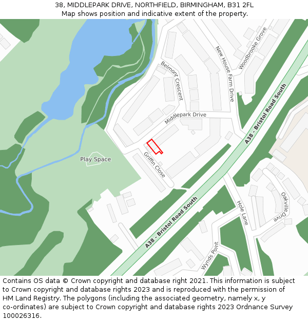 38, MIDDLEPARK DRIVE, NORTHFIELD, BIRMINGHAM, B31 2FL: Location map and indicative extent of plot