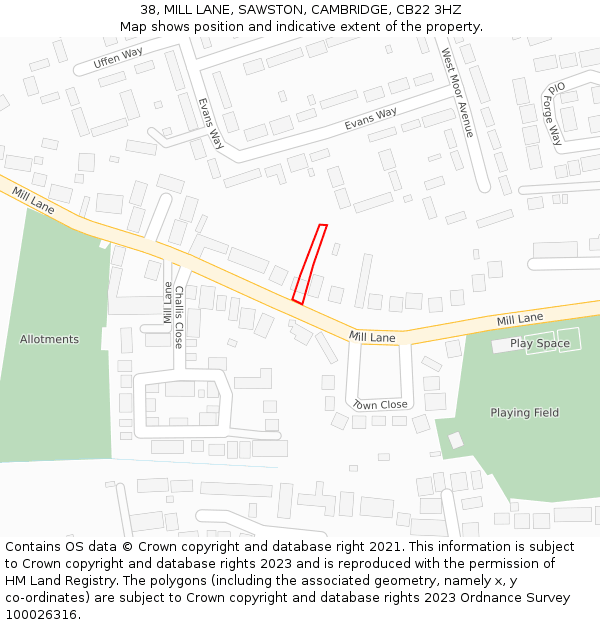 38, MILL LANE, SAWSTON, CAMBRIDGE, CB22 3HZ: Location map and indicative extent of plot
