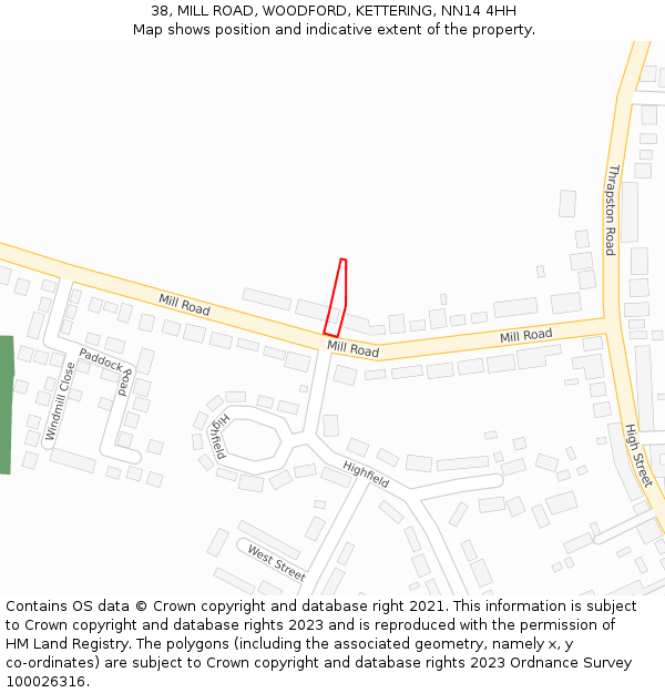 38, MILL ROAD, WOODFORD, KETTERING, NN14 4HH: Location map and indicative extent of plot