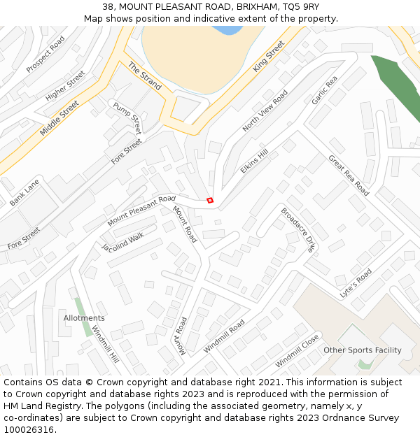 38, MOUNT PLEASANT ROAD, BRIXHAM, TQ5 9RY: Location map and indicative extent of plot