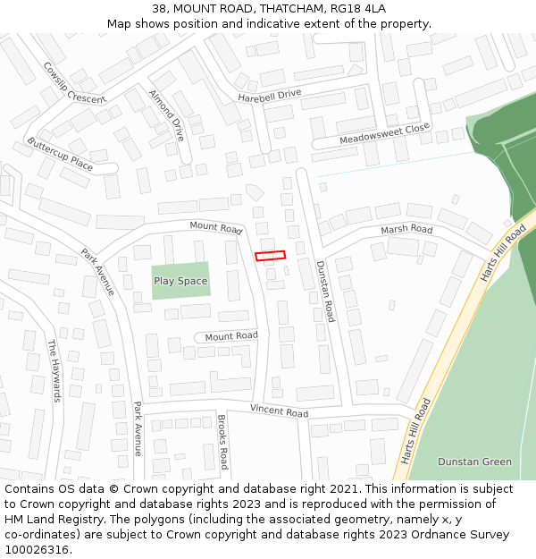38, MOUNT ROAD, THATCHAM, RG18 4LA: Location map and indicative extent of plot
