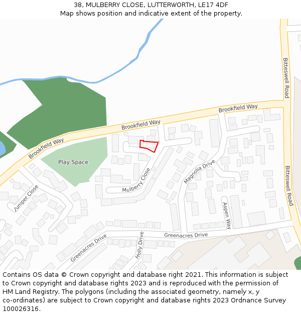 38, MULBERRY CLOSE, LUTTERWORTH, LE17 4DF: Location map and indicative extent of plot