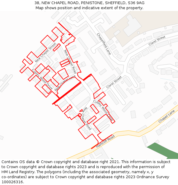 38, NEW CHAPEL ROAD, PENISTONE, SHEFFIELD, S36 9AG: Location map and indicative extent of plot