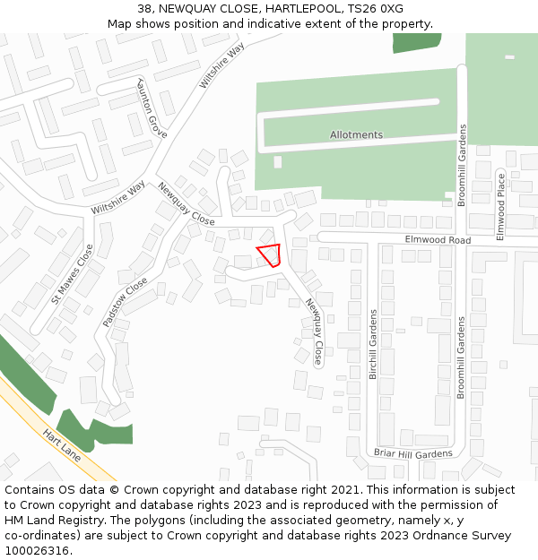 38, NEWQUAY CLOSE, HARTLEPOOL, TS26 0XG: Location map and indicative extent of plot