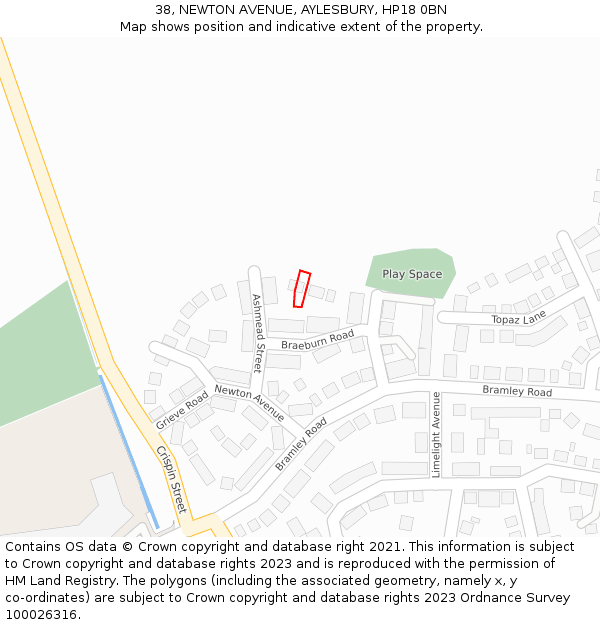 38, NEWTON AVENUE, AYLESBURY, HP18 0BN: Location map and indicative extent of plot