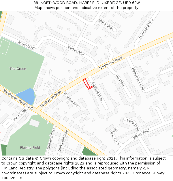 38, NORTHWOOD ROAD, HAREFIELD, UXBRIDGE, UB9 6PW: Location map and indicative extent of plot