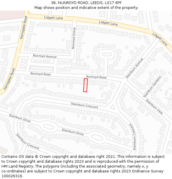 38, NUNROYD ROAD, LEEDS, LS17 6PF: Location map and indicative extent of plot