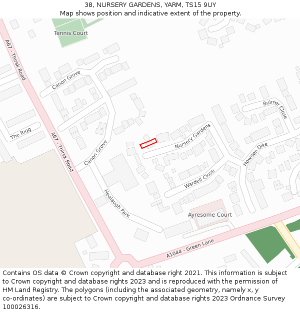38, NURSERY GARDENS, YARM, TS15 9UY: Location map and indicative extent of plot