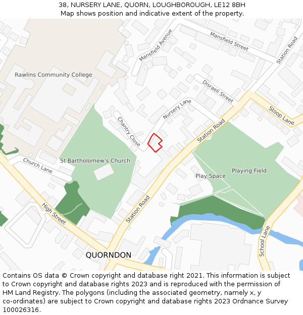 38, NURSERY LANE, QUORN, LOUGHBOROUGH, LE12 8BH: Location map and indicative extent of plot