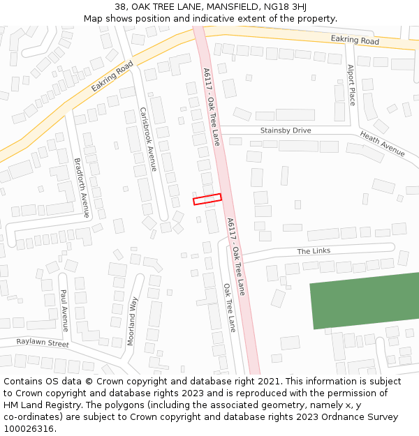 38, OAK TREE LANE, MANSFIELD, NG18 3HJ: Location map and indicative extent of plot