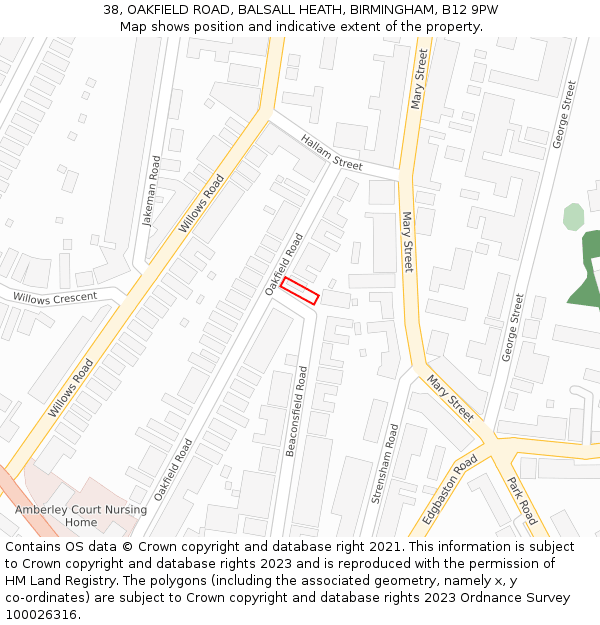 38, OAKFIELD ROAD, BALSALL HEATH, BIRMINGHAM, B12 9PW: Location map and indicative extent of plot