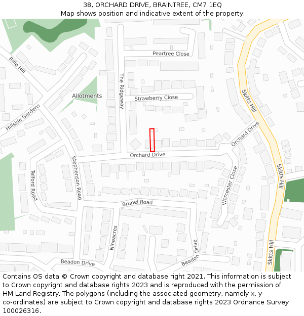 38, ORCHARD DRIVE, BRAINTREE, CM7 1EQ: Location map and indicative extent of plot