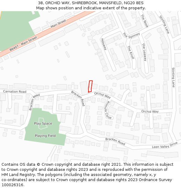 38, ORCHID WAY, SHIREBROOK, MANSFIELD, NG20 8ES: Location map and indicative extent of plot