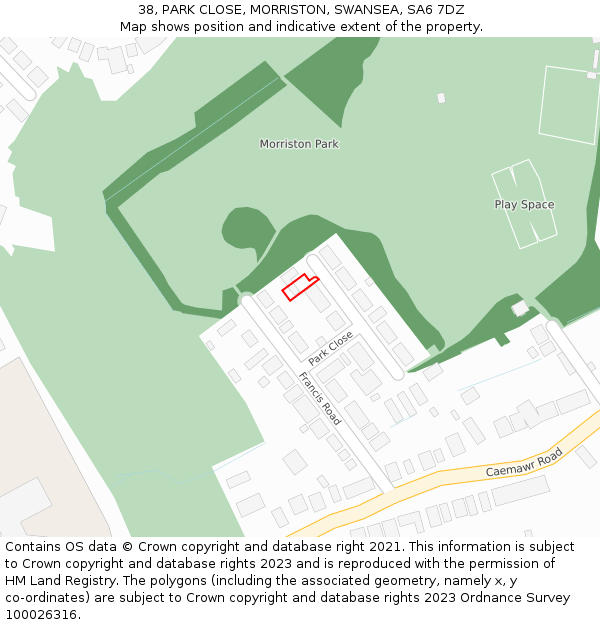 38, PARK CLOSE, MORRISTON, SWANSEA, SA6 7DZ: Location map and indicative extent of plot