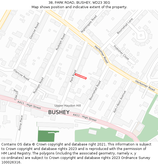 38, PARK ROAD, BUSHEY, WD23 3EG: Location map and indicative extent of plot