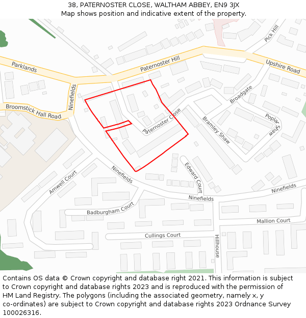 38, PATERNOSTER CLOSE, WALTHAM ABBEY, EN9 3JX: Location map and indicative extent of plot