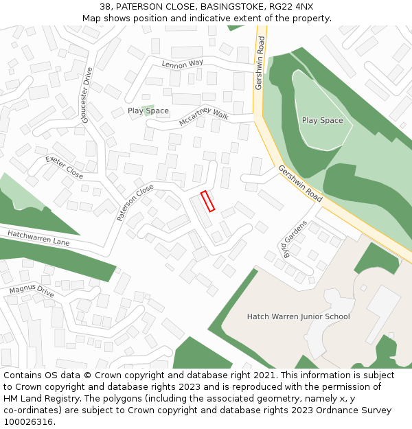 38, PATERSON CLOSE, BASINGSTOKE, RG22 4NX: Location map and indicative extent of plot