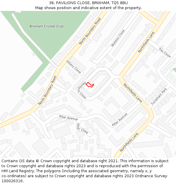38, PAVILIONS CLOSE, BRIXHAM, TQ5 8BU: Location map and indicative extent of plot