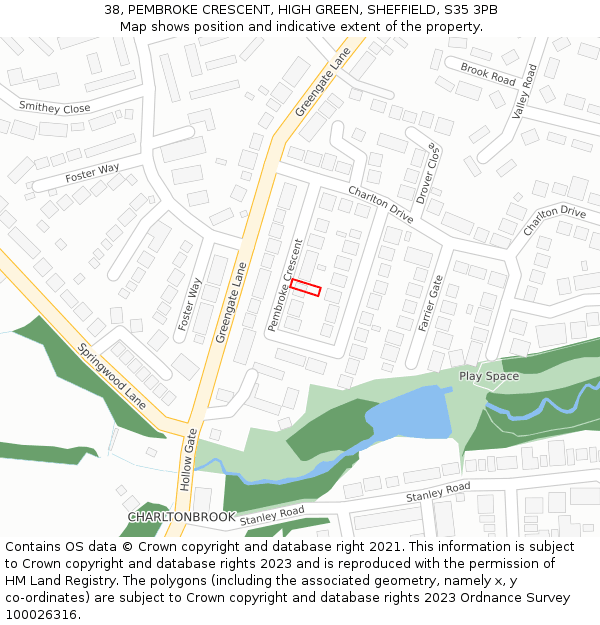 38, PEMBROKE CRESCENT, HIGH GREEN, SHEFFIELD, S35 3PB: Location map and indicative extent of plot