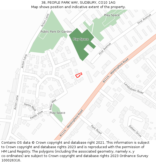 38, PEOPLE PARK WAY, SUDBURY, CO10 1AG: Location map and indicative extent of plot