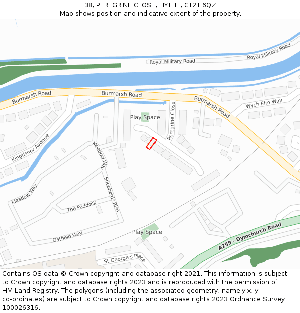 38, PEREGRINE CLOSE, HYTHE, CT21 6QZ: Location map and indicative extent of plot