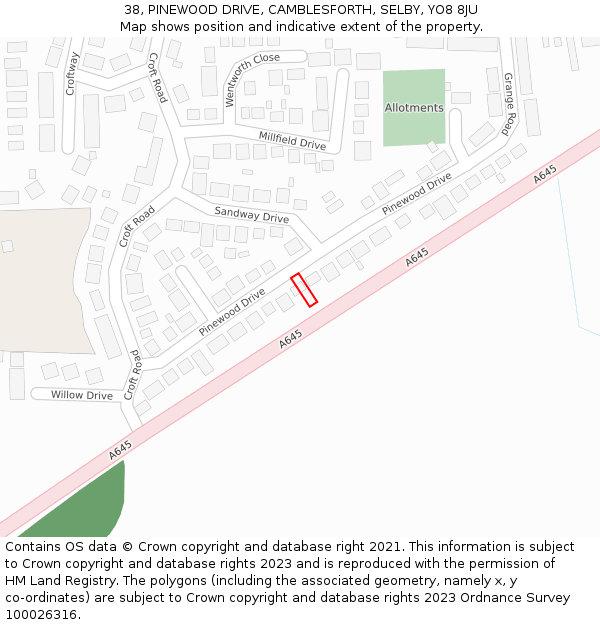 38, PINEWOOD DRIVE, CAMBLESFORTH, SELBY, YO8 8JU: Location map and indicative extent of plot