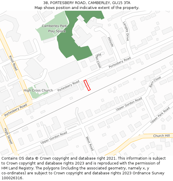 38, PORTESBERY ROAD, CAMBERLEY, GU15 3TA: Location map and indicative extent of plot