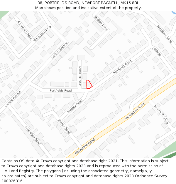 38, PORTFIELDS ROAD, NEWPORT PAGNELL, MK16 8BL: Location map and indicative extent of plot
