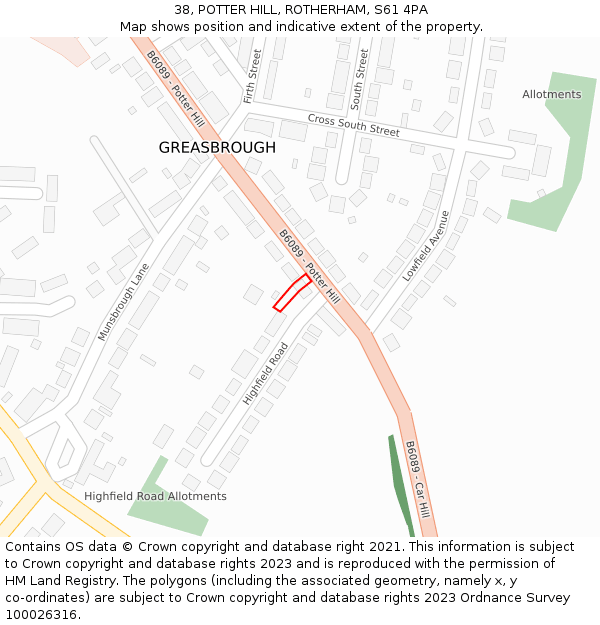 38, POTTER HILL, ROTHERHAM, S61 4PA: Location map and indicative extent of plot