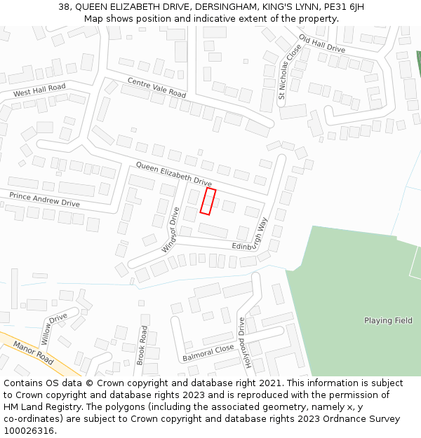 38, QUEEN ELIZABETH DRIVE, DERSINGHAM, KING'S LYNN, PE31 6JH: Location map and indicative extent of plot