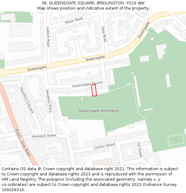 38, QUEENSGATE SQUARE, BRIDLINGTON, YO16 4JW: Location map and indicative extent of plot