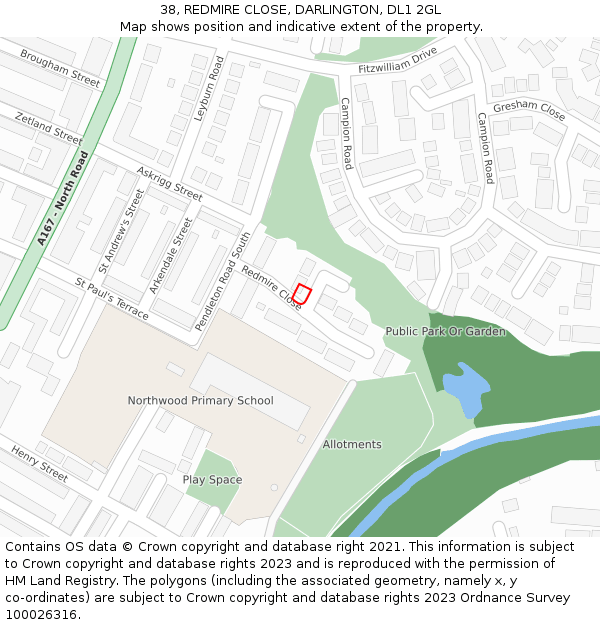 38, REDMIRE CLOSE, DARLINGTON, DL1 2GL: Location map and indicative extent of plot