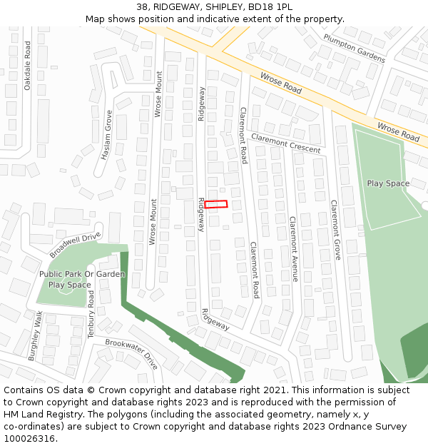 38, RIDGEWAY, SHIPLEY, BD18 1PL: Location map and indicative extent of plot