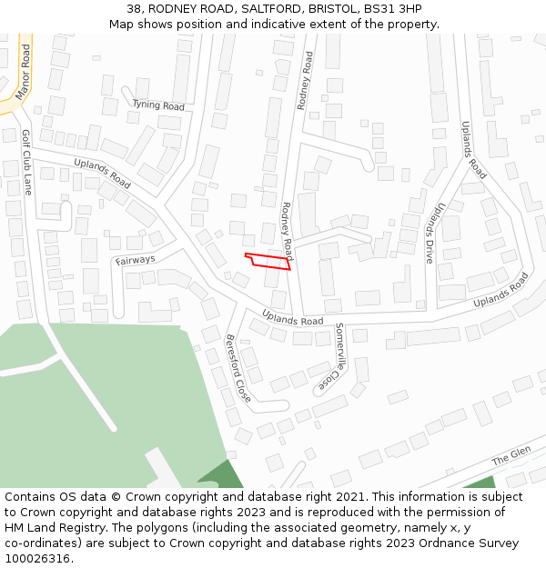 38, RODNEY ROAD, SALTFORD, BRISTOL, BS31 3HP: Location map and indicative extent of plot