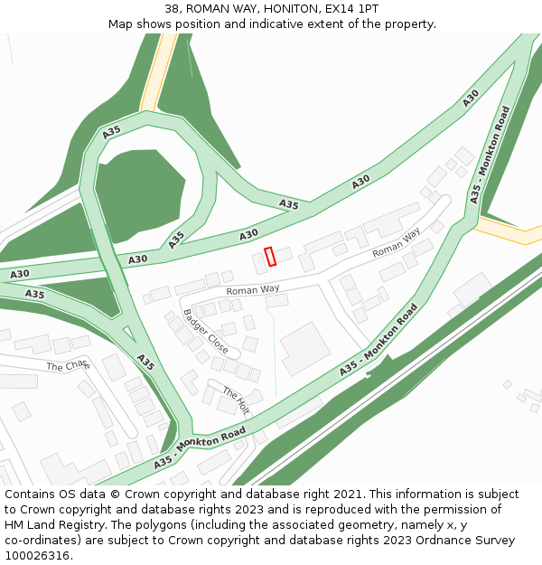 38, ROMAN WAY, HONITON, EX14 1PT: Location map and indicative extent of plot