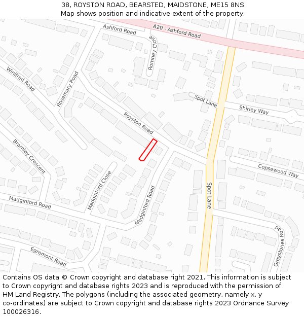 38, ROYSTON ROAD, BEARSTED, MAIDSTONE, ME15 8NS: Location map and indicative extent of plot