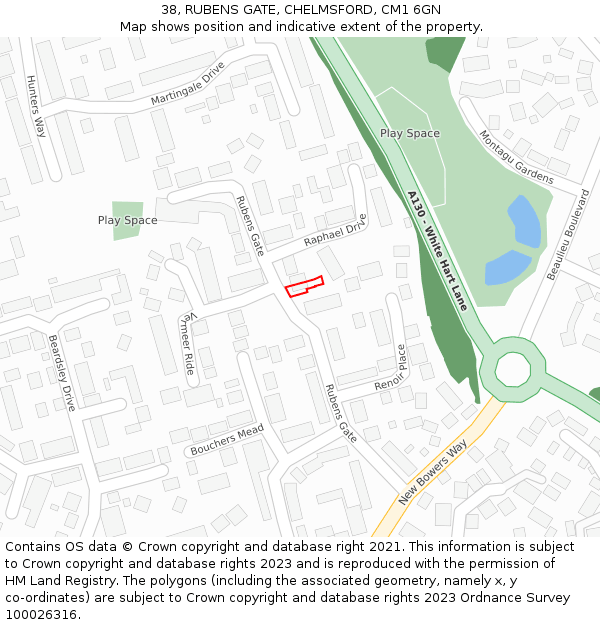 38, RUBENS GATE, CHELMSFORD, CM1 6GN: Location map and indicative extent of plot