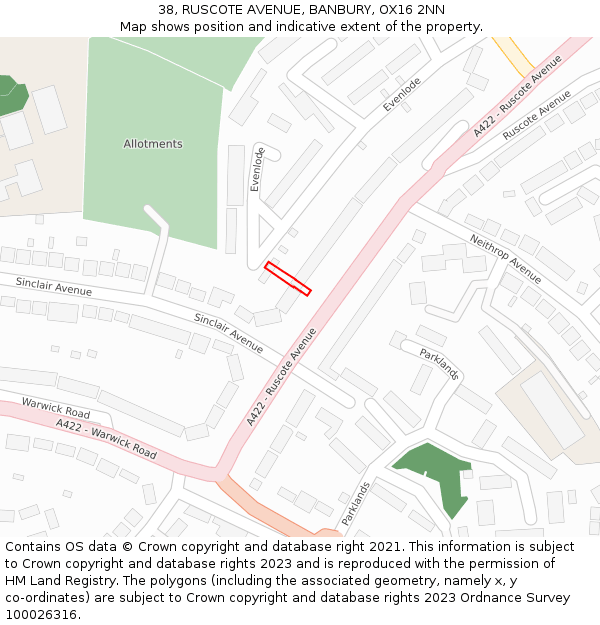 38, RUSCOTE AVENUE, BANBURY, OX16 2NN: Location map and indicative extent of plot