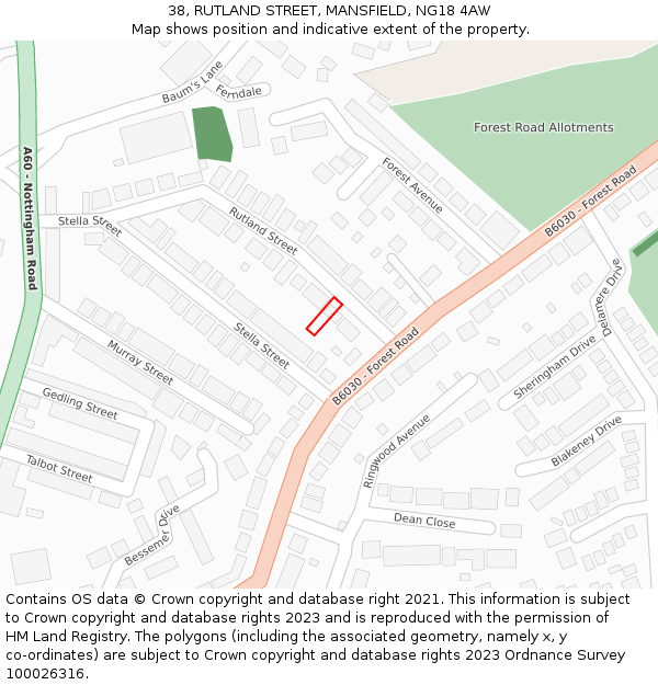 38, RUTLAND STREET, MANSFIELD, NG18 4AW: Location map and indicative extent of plot