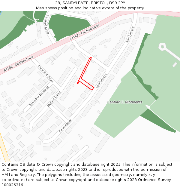 38, SANDYLEAZE, BRISTOL, BS9 3PY: Location map and indicative extent of plot