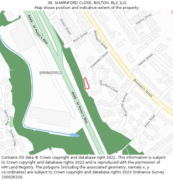38, SHARNFORD CLOSE, BOLTON, BL2 1LG: Location map and indicative extent of plot