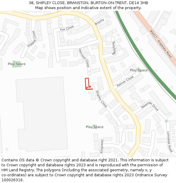 38, SHIPLEY CLOSE, BRANSTON, BURTON-ON-TRENT, DE14 3HB: Location map and indicative extent of plot