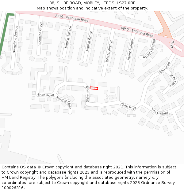 38, SHIRE ROAD, MORLEY, LEEDS, LS27 0BF: Location map and indicative extent of plot