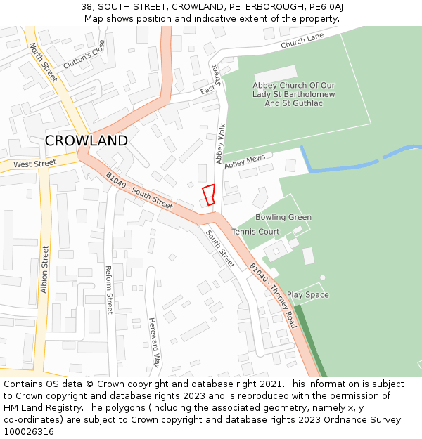 38, SOUTH STREET, CROWLAND, PETERBOROUGH, PE6 0AJ: Location map and indicative extent of plot