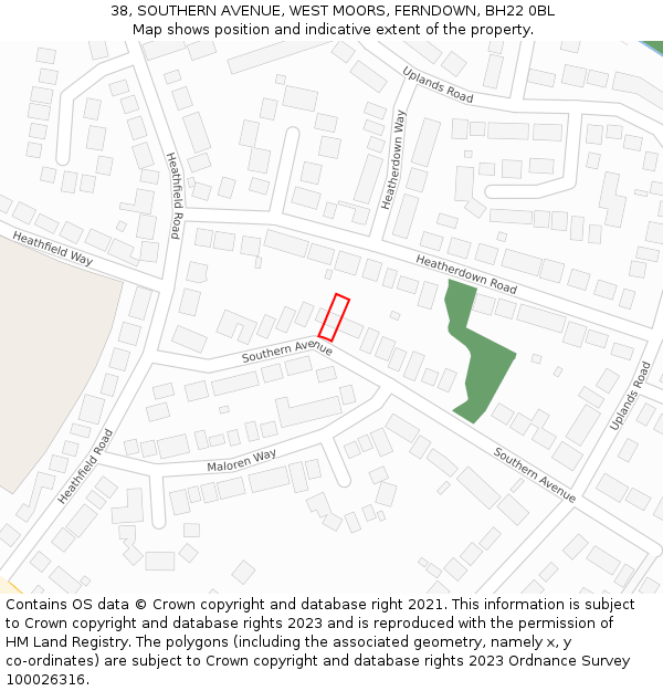 38, SOUTHERN AVENUE, WEST MOORS, FERNDOWN, BH22 0BL: Location map and indicative extent of plot