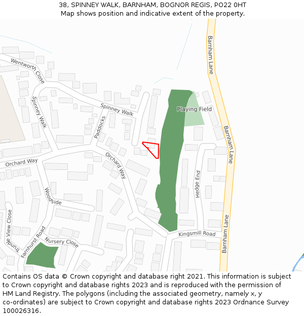 38, SPINNEY WALK, BARNHAM, BOGNOR REGIS, PO22 0HT: Location map and indicative extent of plot