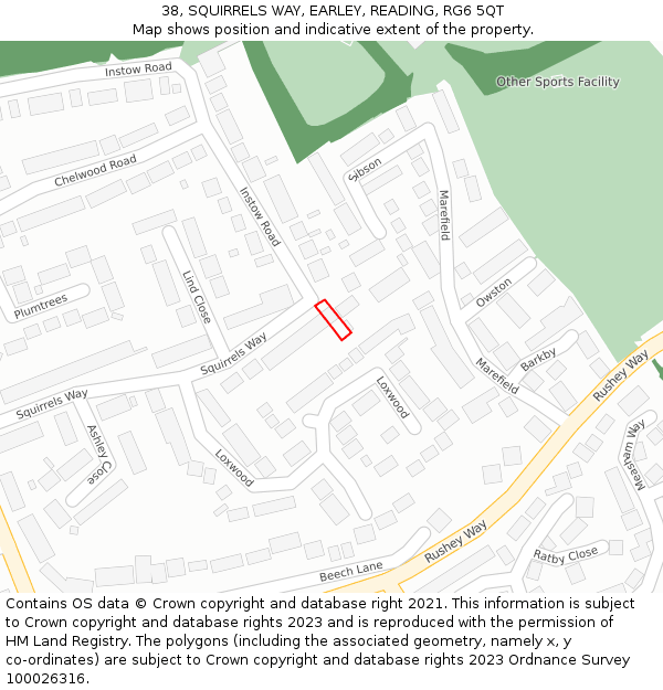 38, SQUIRRELS WAY, EARLEY, READING, RG6 5QT: Location map and indicative extent of plot